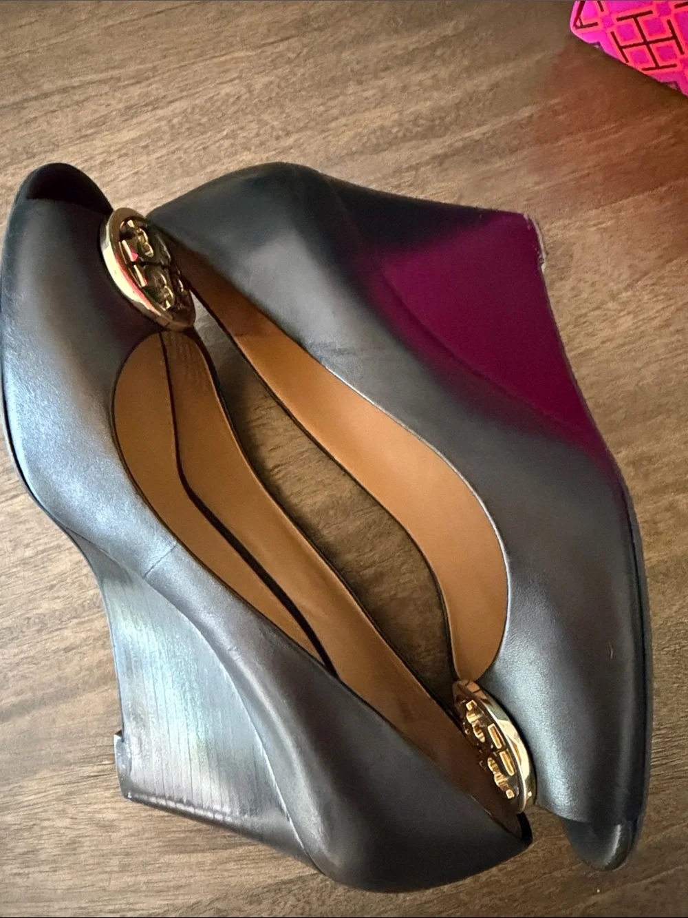 Tory Burch Black Leather Peep-Toe 85MM Wedge Heels with Gold Logo Medallion